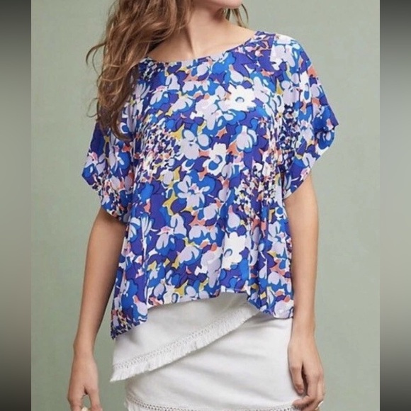 Anthropologie Milla Blouse Size Medium Floral Print Loose Fit Blue Purple Maeve - Picture 3 of 14